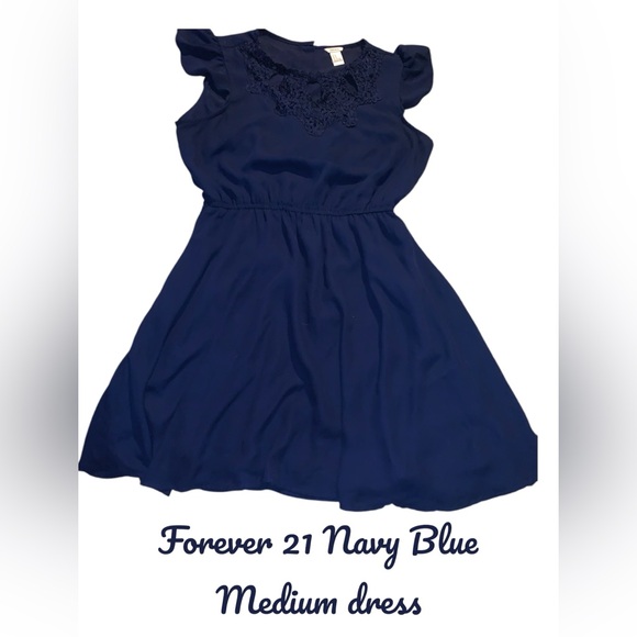 Forever 21 Dresses & Skirts - Forever 21 Med. navy blue cinched waist flutter cap sleeve lace neckline dress